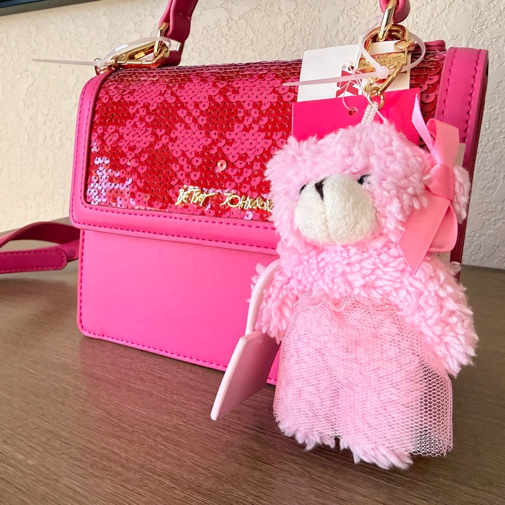 Betsey Johnson Pink Sequin Handbag with Teddy Charm - Picture 3 of 4